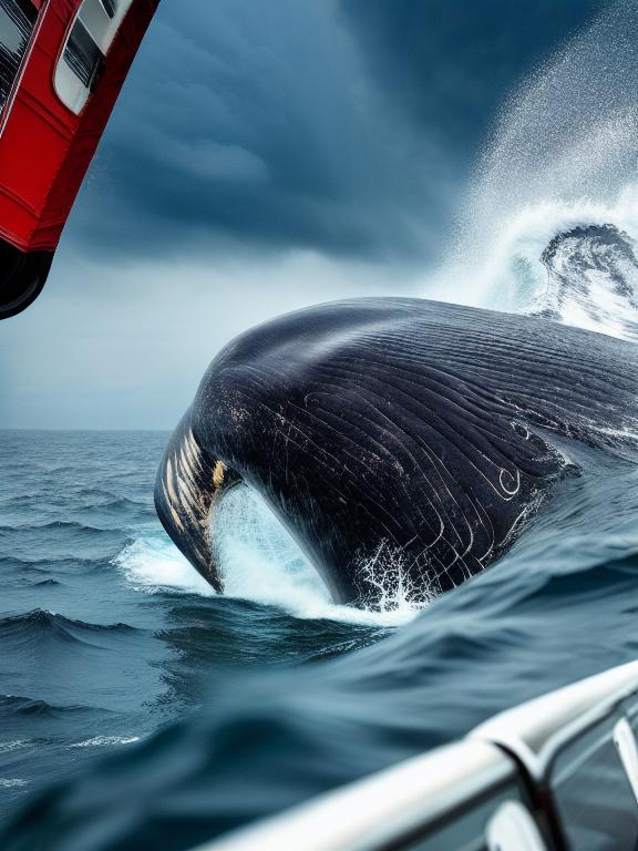 A gigantic sperm-whale attacks a cruise-liner at night. Huge waves hit the ship during a thunderstorm, starting a fire onboard, Close up, Hyperrealistic, Martin Schoeller, Shutterstock contest winner, National Geographic photo, Behance contest winner