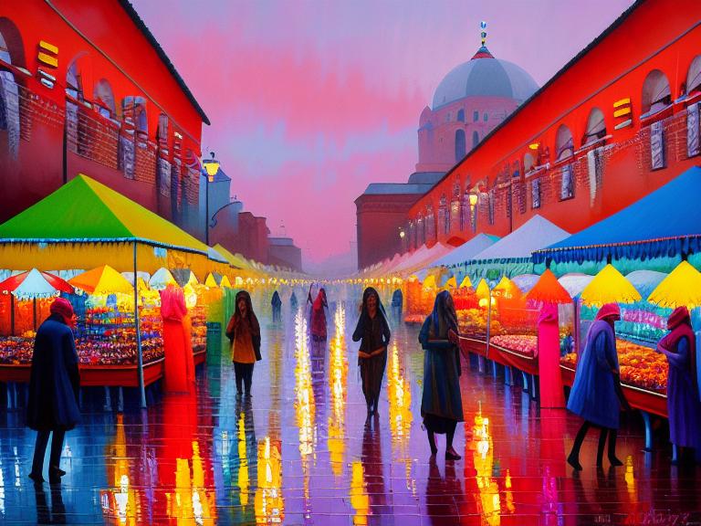 vasily shuzlenko style, modern indian  market, at dusk, dreamy, bright cool colors, raining,  woman with umbrella, oil painting, detailed, a toilet