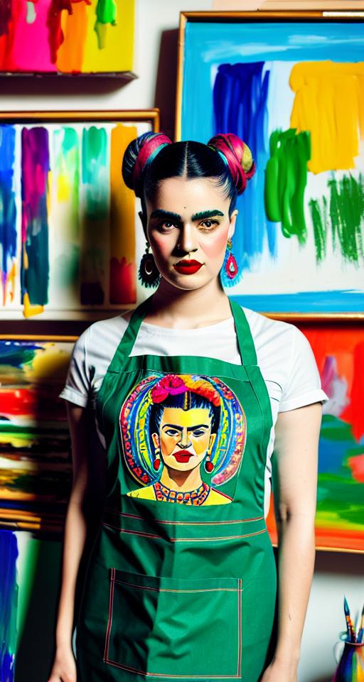 In the afternoon, the creative woman painting in her studio with green hair and wearing an apron in style of Frida Kahlo. Sexy and dreamy. Intricate details. 22yo model. Beautiful. Cinematic lighting, 8K, sharp details. RAW image. High quality, Fine-art print, HQ. Hypermaximalist, hyperdetailed, award-winning fashion photography, professional colour grading, clean sharp focus. Significant textile textures. Professional color grading. Crystal clear feel. Clean sharp focus. High-end retouching. Fashion magazine photography. Award winning photography. Advertising photography. High Quality. High resolution.