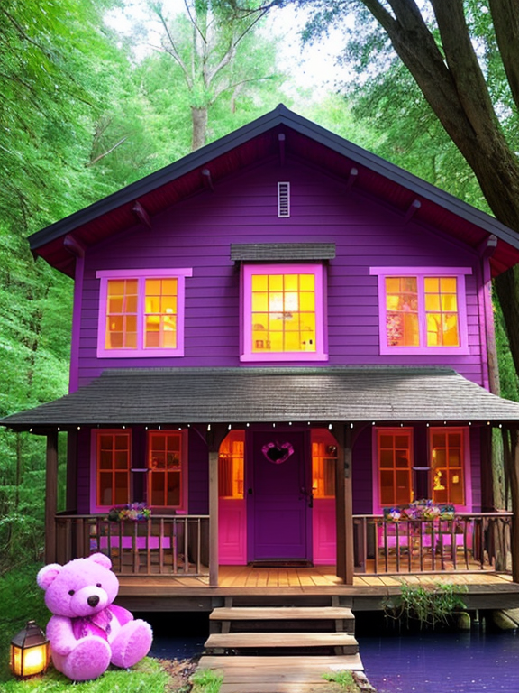 FLUFFY CUTE TEDDYBEAR WITH GIRL BLACK CURLY HAIR LONG CUTE COLORS PURPLE PINK WOODS PATH HOUSE RIVER BOAT BIRDS SHINE GLOW