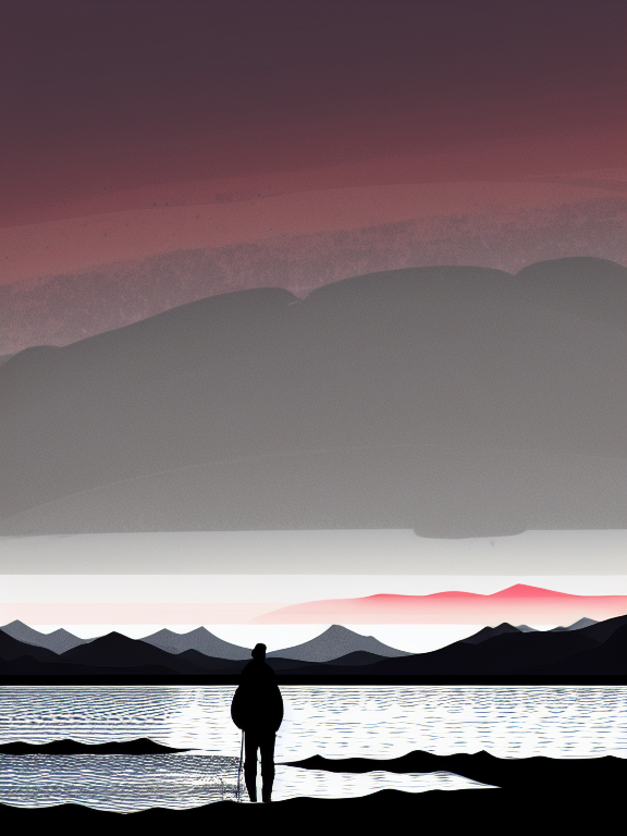 silhouette of a fisherman in the sunset with mountains in the background , with silhouette of full moon, sharp edges, at sunset, with heavy fog in air, vector style, horizon silhouette Landscape wallpaper by Alena Aenami, firewatch game style, vector style background