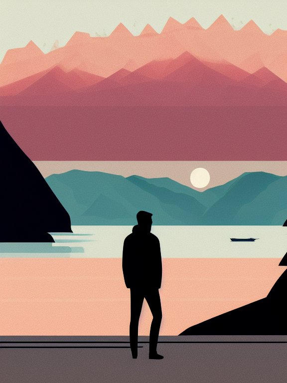 silhouette of a man at a beach with mountains in the background , with silhouette of full moon, sharp edges, at sunset, with heavy fog in air, vector style, horizon silhouette Landscape wallpaper by Alena Aenami, firewatch game style, vector style background