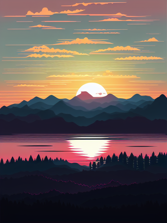 Pink Sunset , with silhouette of full moon, sharp edges, at sunset, with heavy fog in air, vector style, horizon silhouette Landscape wallpaper by Alena Aenami, firewatch game style, vector style background