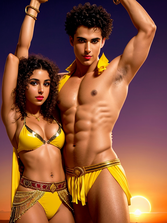 Muscular warrior of tanned skin tone, white spiky hair, no beard, yellow eyes, Bare chested, dancing with a woman with dark brown curly hair with red lips and wearing a belly dancing costume, in an oasis at sunset