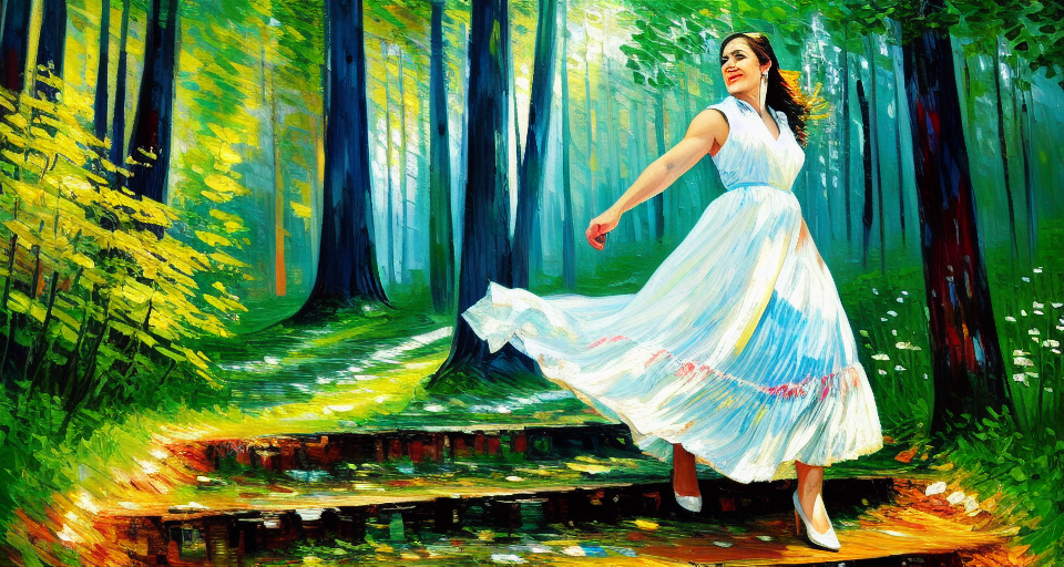 Beautiful Landscape oil painting masterpiece, Woman wearing scary white dress climbing stairs around the forest magical  impressionism painting oil, van gogh style, Pattern, mystical, The colors are vibrant and intense, and the brushstrokes are expressive and dynamic, sunlight, ith the sun setting in the distance, 