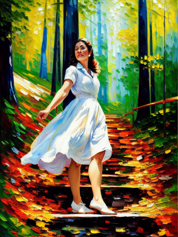Beautiful Landscape oil painting masterpiece, Woman wearing scary white dress climbing stairs around the forest magical  impressionism painting oil, van gogh style, Pattern, mystical, The colors are vibrant and intense, and the brushstrokes are expressive and dynamic, sunlight, ith the sun setting in the distance, 