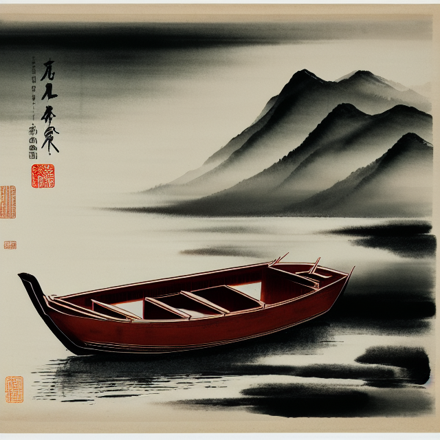 muted chinese ink painting scroll, muted colors, rice paper texture, splash paint, A man overlooking a mountain , boat, small red sun, Lakeside, Morning light, Clouds wet to wet techniques, perfect balance composition, highly detailed, ((highest quality)),  ink painting style, old chinese art style