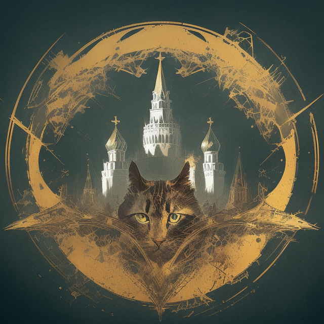 Cat , In the center of the emblem, The logo features a circular emblem with a dark background, highly detailed, high quality logo, Subject fits in frame, Oil painting, art by Carne Griffiths and Wadim Kashin concept art, ethereal background, Approaching perfection, Golden ratio, Minimalistic clip art, A retro logo vintage cartoon,negative space logos style ,Great russian, minimalistic logo design featuring Moscow Kremlin,, by Brian Froud and Carne Griffiths and Wadim Kashin and John William Waterhouse, 8k post production, High resolution, hyperdetailed, Trending on Artstation, Art by Greg Rutkowski, beautiful gradient, Depth of field, clean image, High quality