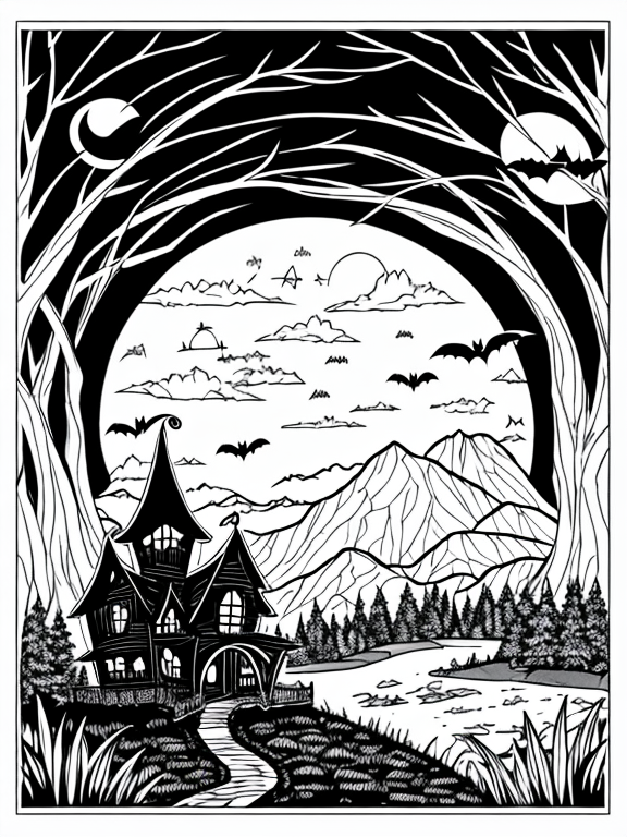 Generate a Halloween coloring book page featuring a spooky haunted house surrounded by a dark and misty forest., Coloring pages for kids, stegosaurus on grass with mountains in background, cartoon style, thick lines, low Detail, Black and white, No Shading, --ar 9:11, Kids coloring books style, muted colors