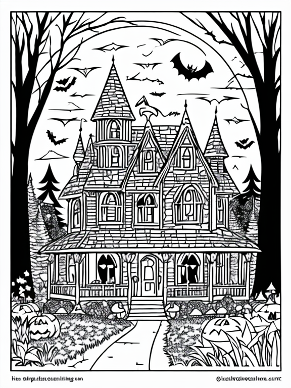 Generate a Halloween coloring book page featuring a spooky haunted house surrounded by a dark and misty forest. Use only white with black outlines. , Coloring pages for kids, stegosaurus on grass with mountains in background, cartoon style, thick lines, low Detail, Black and white, No Shading, --ar 9:11, Kids coloring books style, muted colors