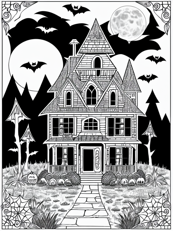 Generate a Halloween coloring book page featuring a spooky haunted house surrounded by a dark and misty forest. Use black for outlines only. , Coloring pages for kids, stegosaurus on grass with mountains in background, cartoon style, thick lines, low Detail, Black and white, No Shading, --ar 9:11, Kids coloring books style, muted colors