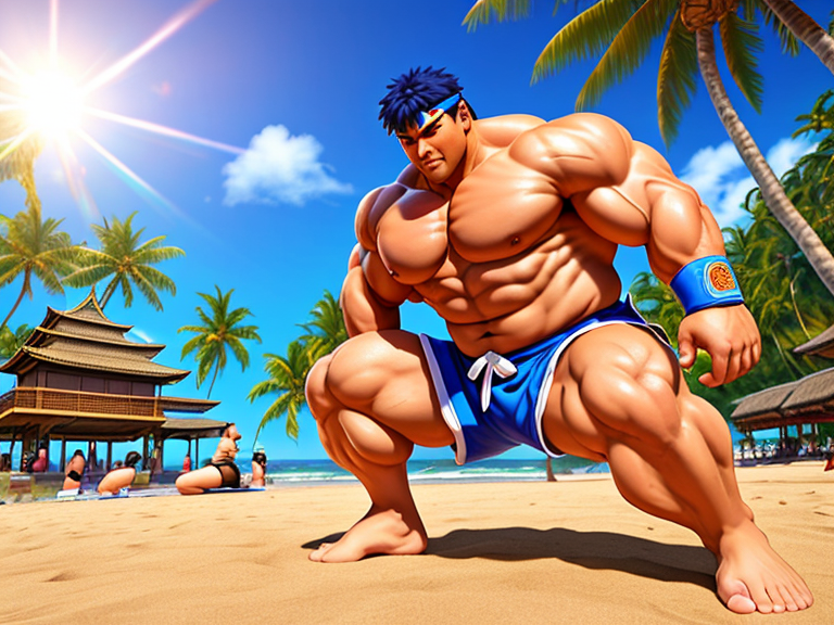 Premium Free ai Images  ryu street fighter character detailed portrait  fight blood scream blue energy blast full body background old style japan  house fire