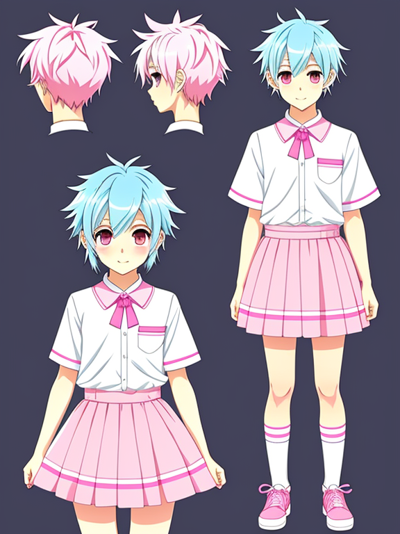 anime cute boy character reference sheet illustration drawing, short light blue hair, with a pink ribbon in his hair, pink eyes, light skin, cute pink and white clothes and skirt , with candies 