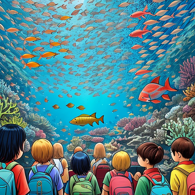 A school of ugly fish is visited by people in an aquarium, and people are very calm, as if this is perfectly normal, comic book style