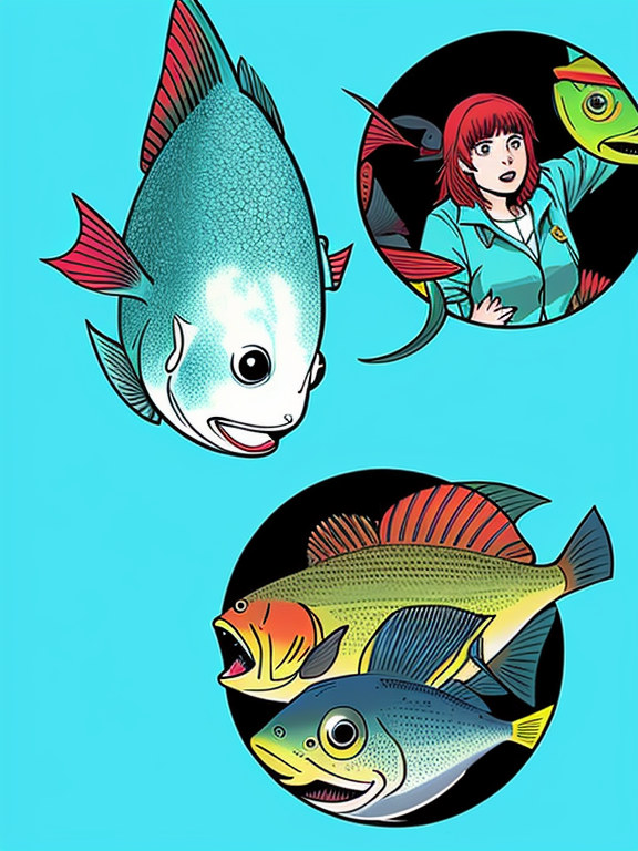 A school of mutated and ugly fish is visited by people in an aquarium, and people are very calm, as if this is perfectly normal, comic book style