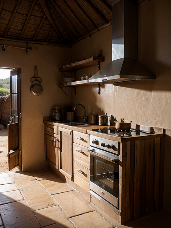 Design a modernized  typical African kitchen inspired from the ancient days ( huts , mud...) to suit modern people  