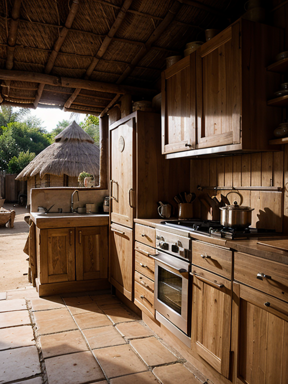 Design a modernized  typical African kitchen inspired from the ancient days ( huts , mud...) to suit modern people  . External view 