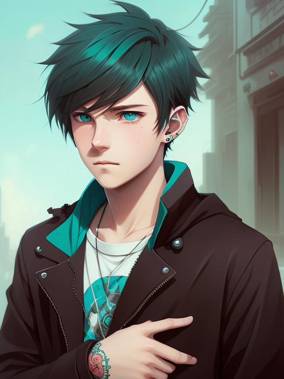 soft anime art style, cute and emo androgynous boy, teenager, turquoise eyes, dark clothes, stylish, piercings, brown hair, long wolf cut, no hands, anime key art by greg rutkowski