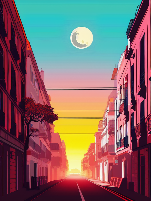 Lisbon Street in summertime of 1980, with silhouette of full moon, sharp edges, at sunset, with heavy fog in air, vector style, horizon silhouette Landscape wallpaper by Alena Aenami, firewatch game style, vector style background