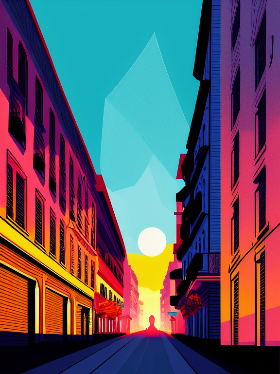 Lisbon Street in summertime of 1980, 16:9, with silhouette of full moon, sharp edges, at sunset, with heavy fog in air, vector style, horizon silhouette Landscape wallpaper by Alena Aenami, firewatch game style, vector style background