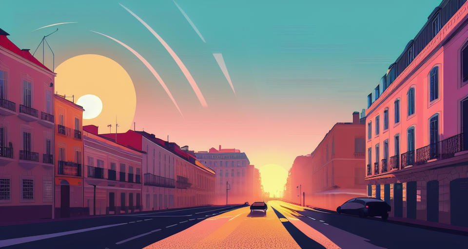 Lisbon Street in summertime of 1980, 16:9, with silhouette of full moon, sharp edges, at sunset, with heavy fog in air, vector style, horizon silhouette Landscape wallpaper by Alena Aenami, firewatch game style, vector style background