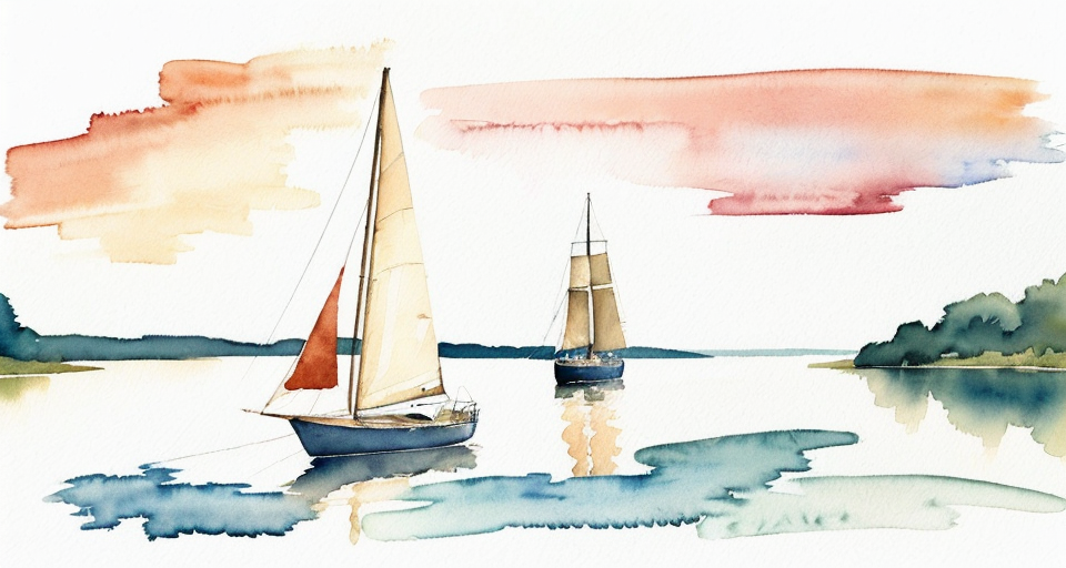 river, sailboat, A simple, minimalistic art with mild colors, using Boho style, aesthetic, watercolor
