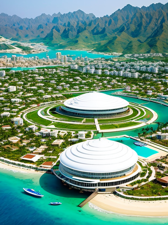 big beautiful futuristic stadium shaped like a traditional Omani dhow boat in Sur surrounded with skyscrapers and villas and beautiful landscapes and forests but with no dryland