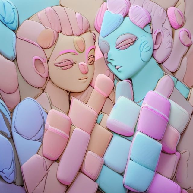 Create an image that captures the emotional and joyous moment of Lord Rama and Sita's reunion after the latter's rescue from Ravana's captivity. Highlight the love and devotion between them., standing character, soft smooth lighting, soft pastel colors, Scottie young, 3d blender render, polycount, modular constructivism, pop surrealism, physically based rendering, square image, Tiny cute
