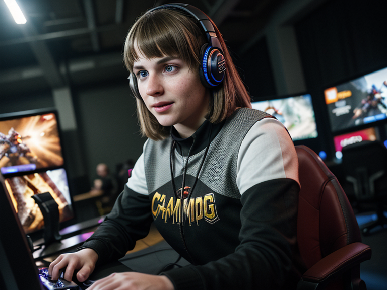epiCRealism, Young gamer having fun with action video games competition, playing online game championship. Caucasian woman enjoying rpg play tournament on live stream, gaming on modern computer. , full shot, deep photo, depth of field, Superia 400, bokeh, realistic lighting, professional colorgraded, a male