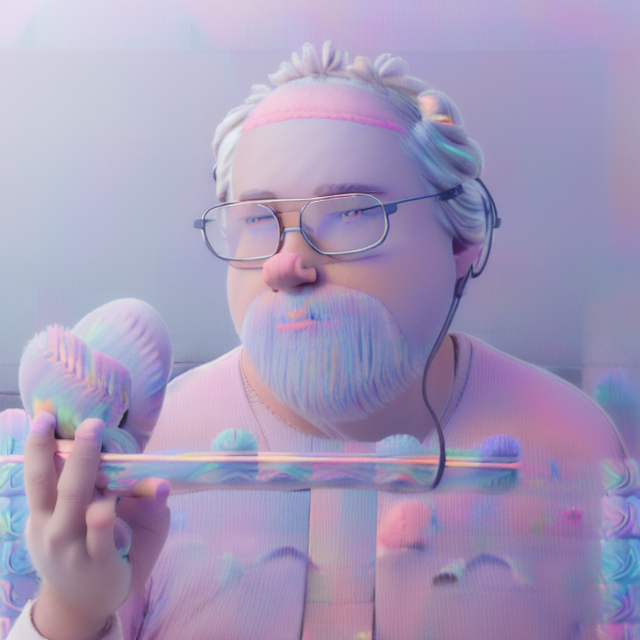 older bald chubby white guy with a long white goatee wearing black glasses holding a game controller and wearing red headphones, standing character, soft smooth lighting, soft pastel colors, Scottie young, 3d blender render, polycount, modular constructivism, pop surrealism, physically based rendering, square image, Tiny cute