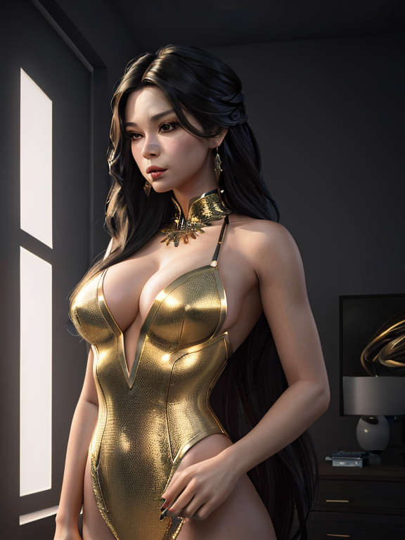Portrait, A beautiful woman that is standing in a modern room, tits long hair. gorgeous face (((detailed face))) (((photo))) highest quality ultra realistic artstation highly detailed highly detailed high detail hair (sharp body) detailed body., full body view, real full body height, beautiful woman standing confidently in a bright, modern room with minimal decor, vivid lighting, and an elegant atmosphere, highly detailed and intricate digital painting, with sharp focus and smooth textures, inspired by the works of artgerm, Beautiful hair, Makeup, Octane render, 8k, Beautiful lighting, Golden ratio composition, hyper realistic
