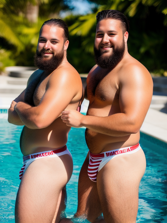 two identical twin brothers wearing red and white speedos showing off together, barefoot, facial hair, beard, hairy body, fat, male swimwear, poolside, fat man, chubby, leg hair, swim briefs, Centered, Photography, Fullbody, Portrait, Close up, Handsome, Beautiful, Realistic, an ultra high definition, sharply focusing on the intricate details of radiant facial skin of, healthy and smooth skin, true colored natural eyebrows, big and sparkling brown eyes, hair in a casual of hair framing lovely, photo taken without harsh shadows, showing fullbody, no sunny spot, use a leica summicron-m 28mm lens, professional cameraman