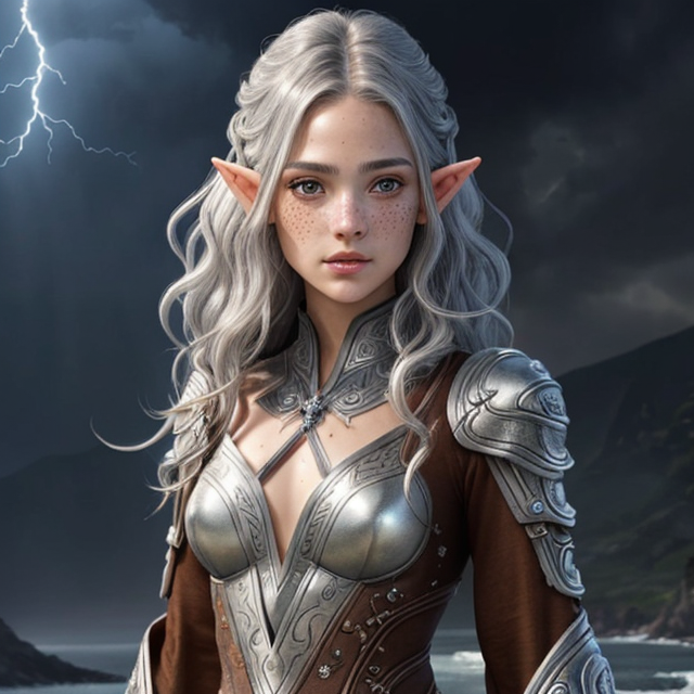half elf female with short wavy brown hair and freckles, Masterpiece, top quality,, Best quality, Official art, beautiful and aesthetic, cute, extreme detailed, Abstract, fractal art, silver_hair, silver_hair, Colorful, highest detailed, Fire, ice, Lightning bolt shape cut out, Lightning bolt shape cut out, Lightning, splash_art, Jewelry, Hanfu, Beautiful scenery, ink, drawing art