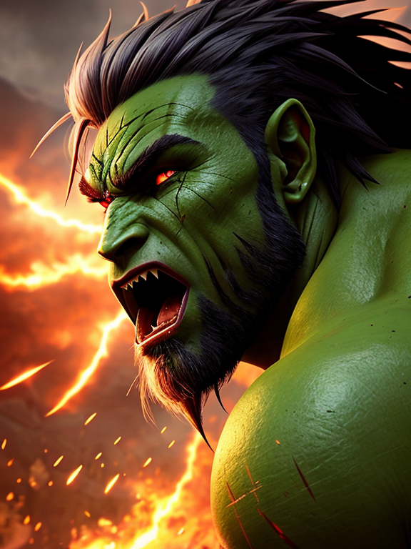 A fearsome half-orc warrior with vibrant green skin, a wild mane of grey hair, and intense, bloodshot eyes, unleashing a primal roar on the battlefield, Dynamic&Close Up&Side View