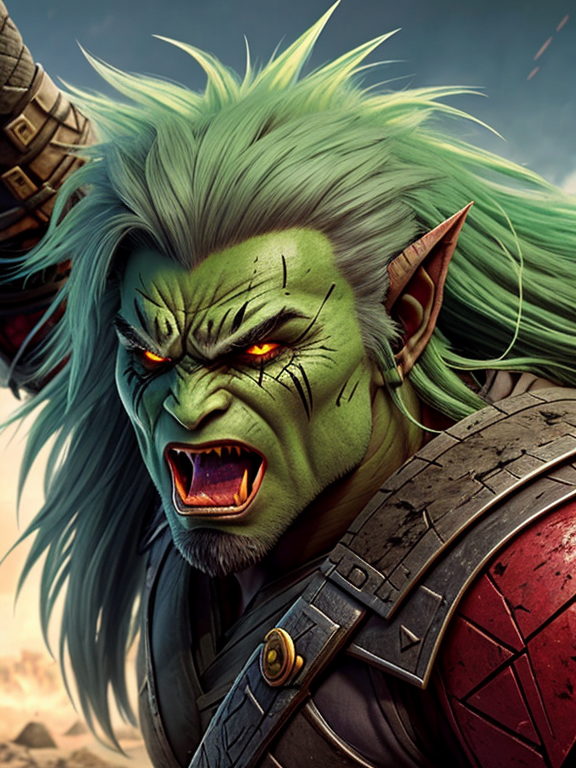 A fearsome half-orc warrior with vibrant green skin, a wild mane of grey hair, and intense, bloodshot eyes, unleashing a primal roar on the battlefield, Dynamic&Close Up&Side View