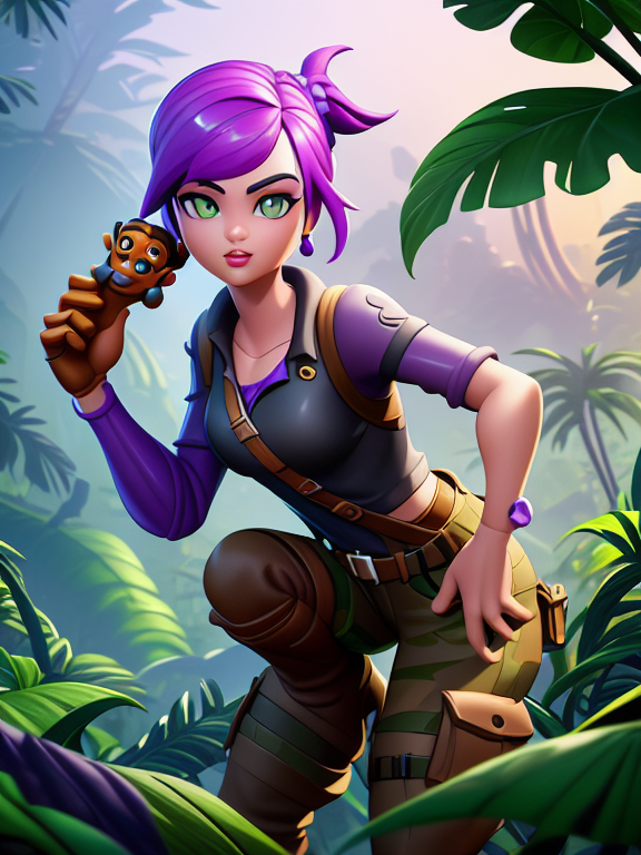 Fortnite character holding lean, Pixar, Disney, concept art, 3d digital art, Maya 3D, ZBrush Central 3D shading, bright colored background, radial gradient background, cinematic, Reimagined by industrial light and magic, 4k resolution post processing, Bangs, in a jungle, 3d style