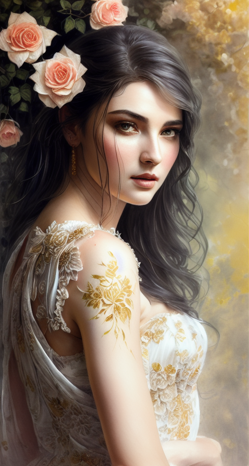 beautiful girl covered with roses, ancient effect, golden lit, ethereal background, abstract beauty, approaching perfection, pure form, golden ratio, minimalistic, concept art, by Brian Froud and Carne Griffiths and Wadim Kashin and John William Waterhouse, intricate details, 8k post production, high resolution, hyperdetailed, trending on artstation, sharp focus, studio photo, intricate details, highly detailed, by greg rutkowski, line art watercolor wash, watercolor, drawing art, Porcelain skin color, brushstroke painting technique, drawing art,