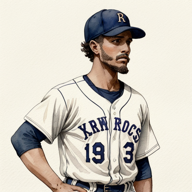 1890s baseball player team name “rosin bags” on jersey, A simple, minimalistic art with mild colors, using Boho style, aesthetic, watercolor