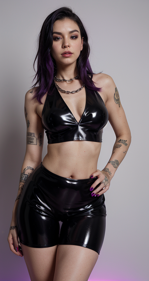 purple/black hair, tie and dyehair, latex top, wide hips, colored lighting, tattoos, chains, alt girl