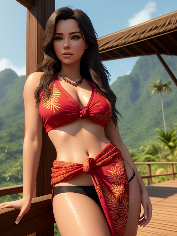 Pixar style, 3d style, Disney style, 8k, Beautiful, NSFW,  full body,  long shot,  a 25 year old BRAZILIAN WOMAN a native IN SOUTH America,  rainforest, standing on spacious veranda of stilt wooden house with background (rice field,  hills,  river,  palm trees) (wearing red batik sarong knotted at hip:1.5) (wearing green button down stringer tank-top:1.5),  plunging neckline,  highly detailed,  full figured,  curvaceous,  voluptuous,  enormously gigantic firm breasts,  dark areolas,  big long dark nipples,  necromancer,  heavy dark eye makeup,  highly detailed skin,  reflective eyes,  long legs,  (looking at viewer:1.5),  sultry sexy erotic pose,  seductive,  epic,  dramatic,  raining,  wet sweaty look,  wet skin,  perfect breasts,  realistic right breast,  realistic left breast,  perfect nipples,  realistic right nipple,  realistic left nipple,  perfect arms,  realistic left arm,  realistic right arm,  perfect vagina,  realistic pink clean vagina,  perfect hands,  realistic right hand,  realistic left hand,  perfect fingers,  realistic left hand fingers,  realistic right hand fingers,  detailed face,  masterpiece,  volumetric fog,  Hyperrealism,  breathtaking,  ultra realistic,  unreal engine,  ultra detailed,  cyber background,  cinematic lighting,  highly detailed,  photography,  stunning environment,  UHD,  HDR10,  16K,  (Masterpiece:1.5),  Absurdres , 3D style rendered in 8k using, disney movie effect