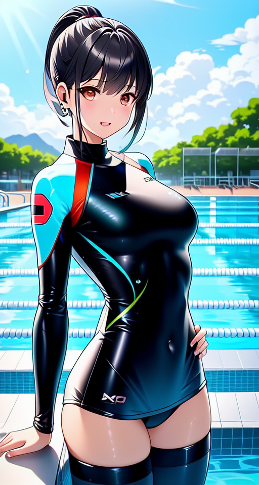 A girl in a rash guard swimsuit standing in the swimming pool., scenic view window, digital art by artists such as Loish, Ross Tran, and Artgerm, highly detailed and smooth, with a playful and whimsical feel, trending on Artstation and Instagram, 2d art, Lofi Music Anime Illustrations Wallpapers, unique and eye-catching thumbnails, covers for your YouTube videos and music tracks, Vector illustration, 2D, Anime style