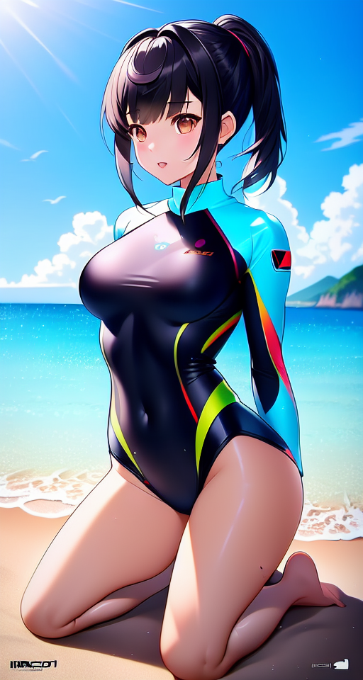 A girl in a rash guard swimsuit kneeling in the beach., scenic view window, digital art by artists such as Loish, Ross Tran, and Artgerm, highly detailed and smooth, with a playful and whimsical feel, trending on Artstation and Instagram, 2d art, Lofi Music Anime Illustrations Wallpapers, unique and eye-catching thumbnails, covers for your YouTube videos and music tracks, Vector illustration, 2D, Anime style