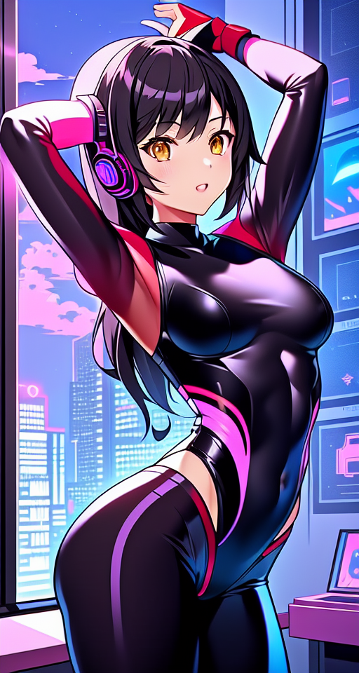 A girl in a leotard standing in the room., scenic view window, digital art by artists such as Loish, Ross Tran, and Artgerm, highly detailed and smooth, with a playful and whimsical feel, trending on Artstation and Instagram, 2d art, Lofi Music Anime Illustrations Wallpapers, unique and eye-catching thumbnails, covers for your YouTube videos and music tracks, Vector illustration, 2D, Anime style