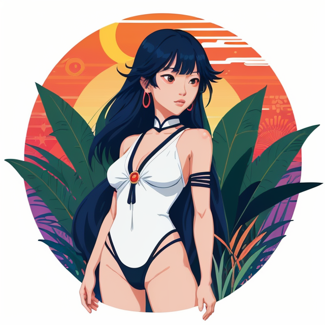 make a girl , planar vector, character design, japan style artwork, on a shamanic vision quest, with beautiful nocturnal sun and lush Amazon jungle in the background, subtle geometric patterns, clean white background, professional vector, full shot, 8K resolution, deep impression illustration, sticker type, vibrant color, colorful background, a painting illustration , 2D