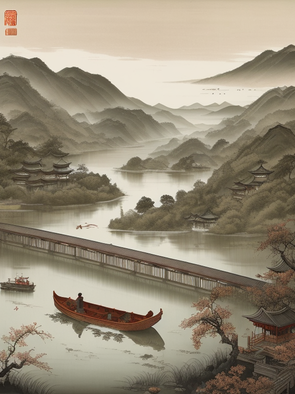 muted chinese ink painting scroll, muted colors, rice paper texture, splash paint, A mermaid saving a man in indian traditonal wear from drowning into a big giant green lake surrounded by big black rock and over the lake there is a railway bridge track, boat, small red sun, Lakeside, Morning light, Clouds wet to wet techniques, perfect balance composition, highly detailed, ((highest quality)),  ink painting style, old chinese art style, Detailed environment