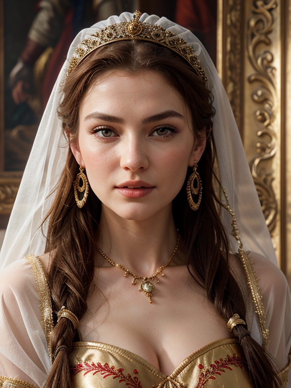 Realistic Photo of a Beautiful Snow White Sexy Scythian Russian Woman Queen with Scythian Dress and Scythian Red Head Veil and Scythian Earrings, Photorealism, Realistic Greek Painting, Realistic, Elegant, High Resolution, Intricate, Detail, 8K