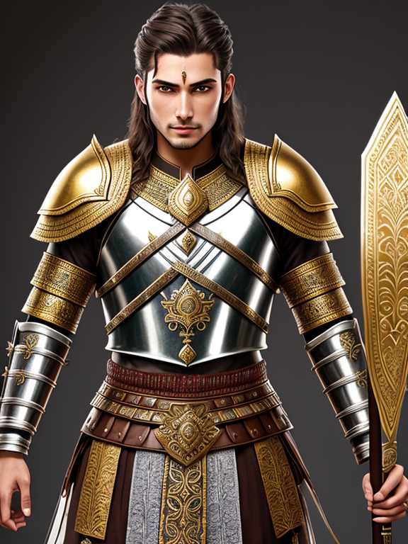 Realistic Photo of the Legendary Young Handsome Scythian Warrior Rudradaman, King, iron and silver and gold plated Armour with Intricate Saka Designs, Realistic Greek Painting, Slavic Face, Handsome Slavic Face, Fair Skin, full body character design, young russian man, intricate silver and iron and gold bow, fair skin, intricate silver and iron and gold quiver, intricate silver and iron and gold arrows with saka designs, matte illustration, realistic, photorealism, high res, detail, intricate, 8K, Realistic Iskcon Painting, Warrior, saka armour, Man with armour, confident character, Handsome Face, Brown Hair, Wavy Hair, White Skin, character portrait, high resolution, detail, studio lighting --v 4