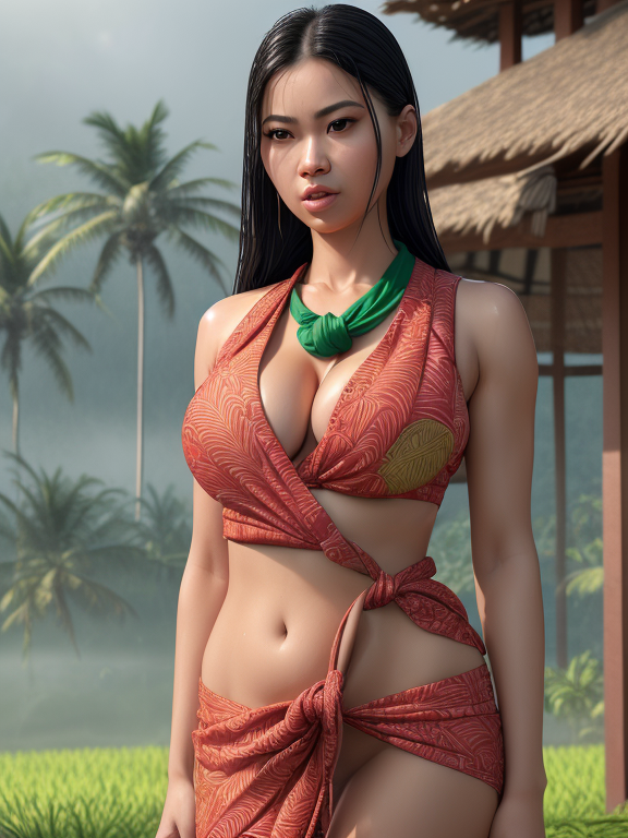 NSFW,  full body,  long shot,  a 50 year old INDONESIAN WOMAN a native CENTRAL JAVA village,  standing on spacious veranda of stilt wooden house with background (rice field,  hills,  river,  palm trees) (wearing red batik sarong knotted at hip:1.5) (wearing green button down stringer tank-top:1.5),  plunging neckline,  highly detailed,  full figured,  curvaceous,  voluptuous,  enormously gigantic firm breasts,  dark areolas,  big long dark nipples,  necromancer,  heavy dark eye makeup,  highly detailed skin,  reflective eyes,  long legs,  (looking at viewer:1.5),  sultry sexy erotic pose,  seductive,  epic,  dramatic,  raining,  wet sweaty look,  wet skin,  perfect breasts,  realistic right breast,  realistic left breast,  perfect nipples,  realistic right nipple,  realistic left nipple,  perfect arms,  realistic left arm,  realistic right arm,  perfect vagina,  realistic pink clean vagina,  perfect hands,  realistic right hand,  realistic left hand,  perfect fingers,  realistic left hand fingers,  realistic right hand fingers,  detailed face,  masterpiece,  volumetric fog,  Hyperrealism,  breathtaking,  ultra realistic,  unreal engine,  ultra detailed,  cyber background,  cinematic lighting,  highly detailed,  photography,  stunning environment,  UHD,  HDR10,  16K,  (Masterpiece:1.5),  Absurdres , low light, breasts, Jewelry, large_breasts, lips, long_sleeves, looking_at_viewer, realistic, Solo, (realistic:1.8), Masterpiece, Best quality, 8k, detailed skin texture, detailed cloth texture, Beautiful detailed face, intricate details, ultra detailed, Rim lighting, side lighting, Cinematic lighting, cinematic light, Ultra high res, 8k uhd, Film grain, best shadow, Delicate, RAW