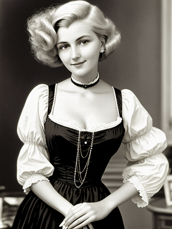 a tall and shapely woman with blond, ash-gray hair, a straight nose and pearly teeth, blurry eyes, a representative of high society, a calculating person who lived in the 1900s