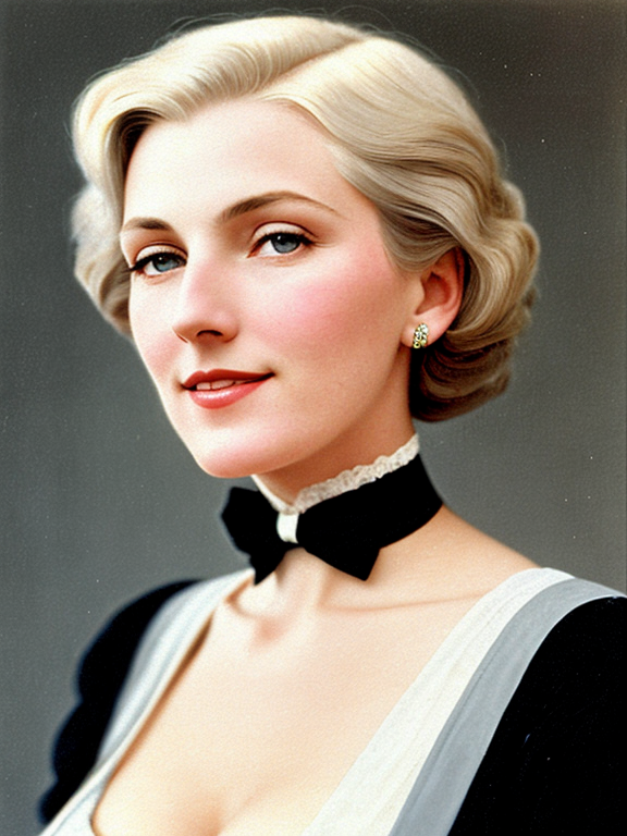 a tall and shapely woman with blond, ash-gray hair, a straight nose and pearly teeth, blurry eyes, a representative of high society, a calculating person who lived in the 1900s